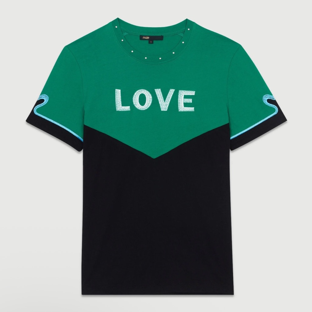 Maje Toevi Embroidered Heart Stud Colorblock Green Black Love Tee Size 3/large